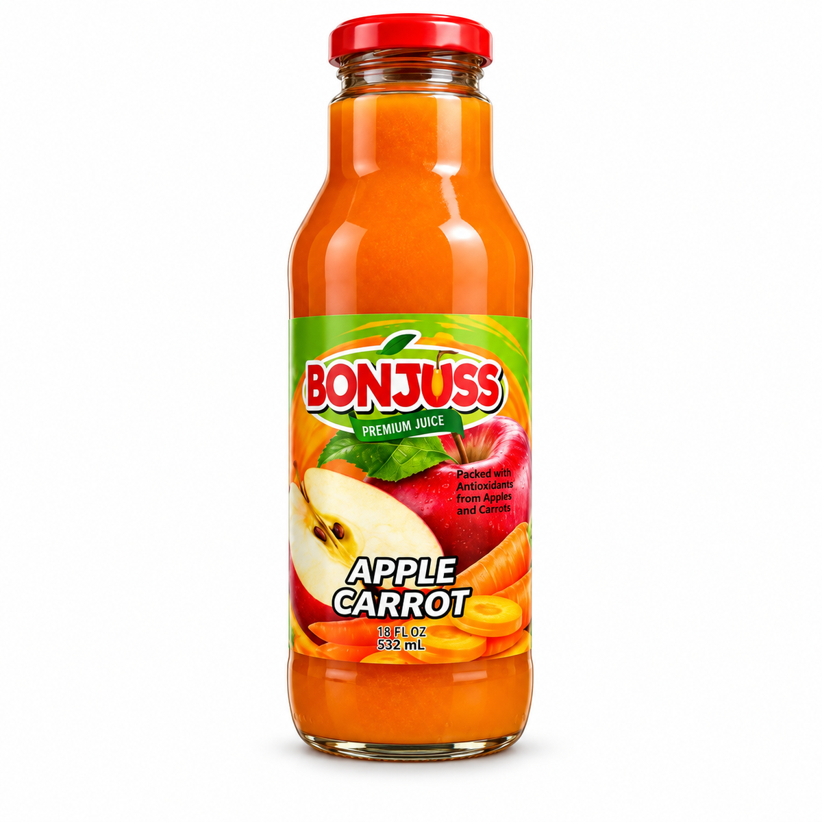 Bonjuss - Apple Carrot Juice, 18 oz, 12 ct/Case (CBONJ002) white background 10d184073b4a679a
