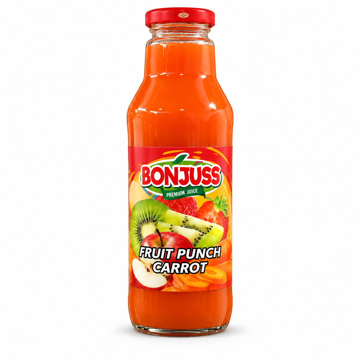 Bonjuss - Fruit Punch Carrot Juice, 18 oz, 12 ct/Case (CBONJ006) white background 42bc2bb9bc97dfbb