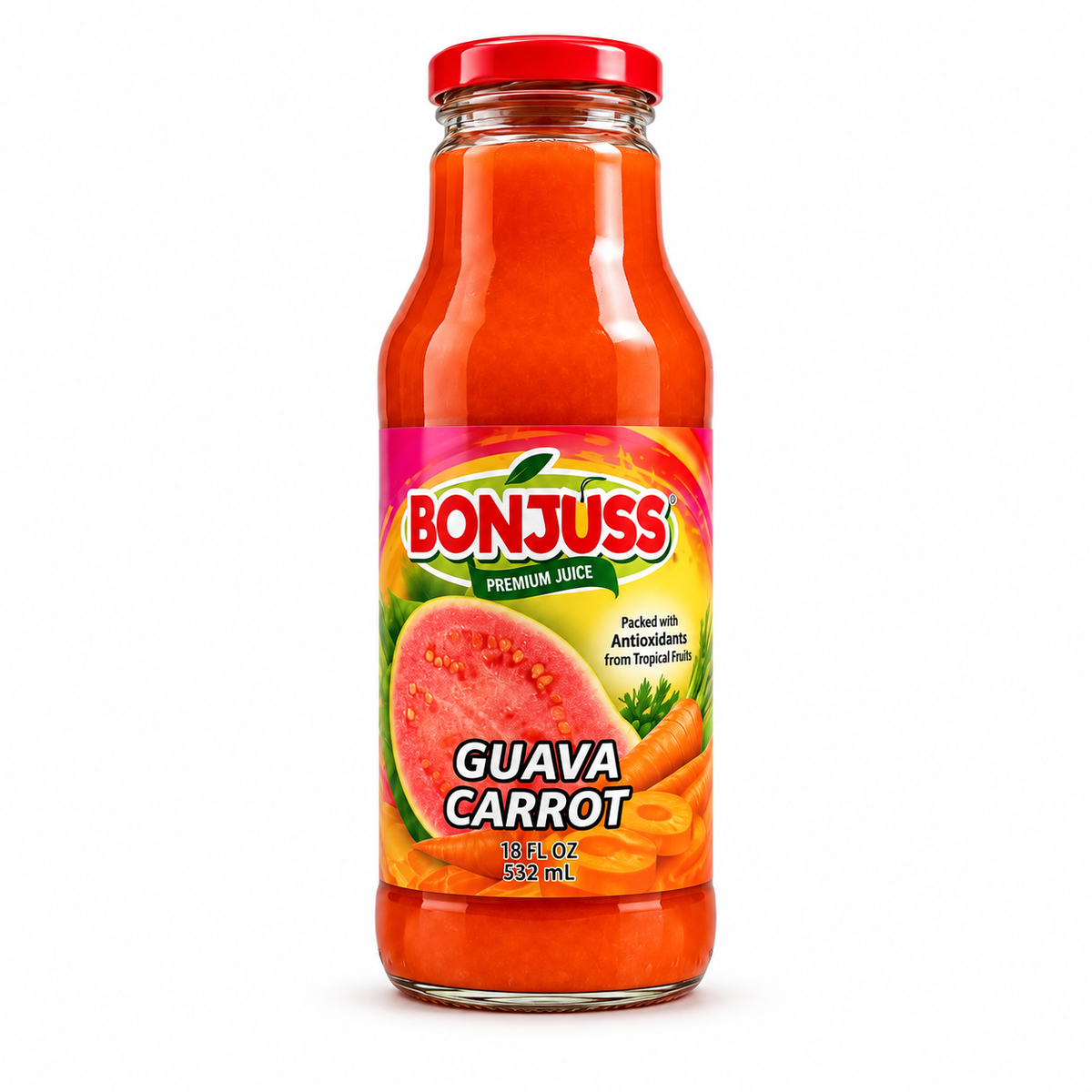 Bonjuss - Guava Carrot Juice, 18 oz, 12 ct/Case (CBONJ008) white background 7138a0eec7413e98