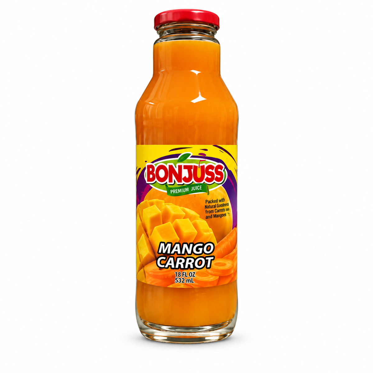 Bonjuss - Mango Carrot Juice, 18 oz, 12 ct/Case (CBONJ010) white background c7e0f11f3ea876e4