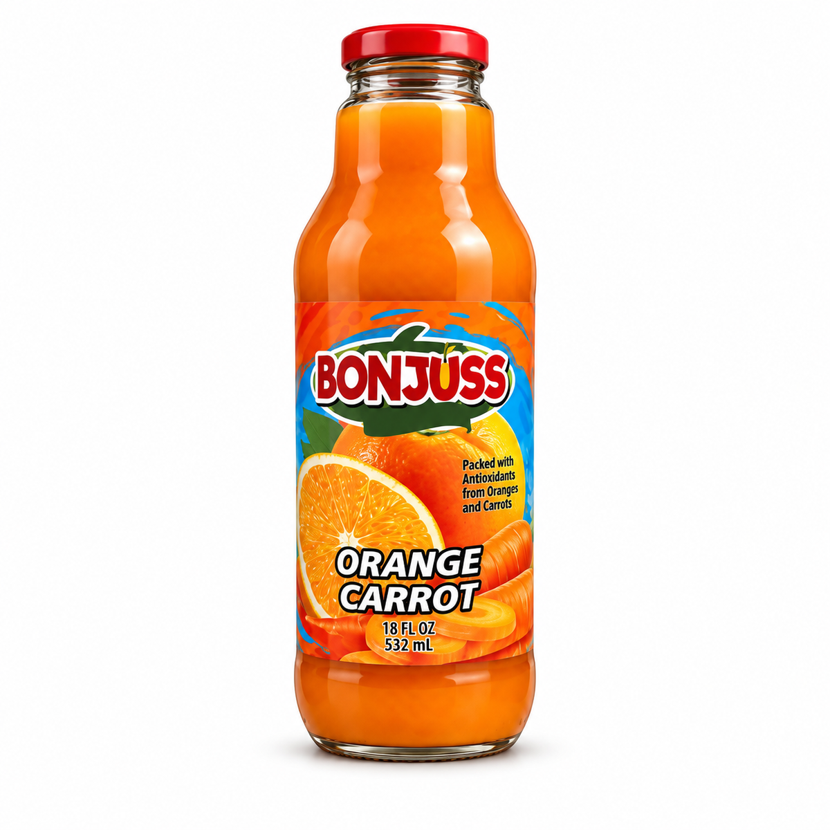 Bonjuss - Orange Carrot Juice, 18 oz, 12 ct/Case (CBONJ012) white background 7b9ec2ba857052d3