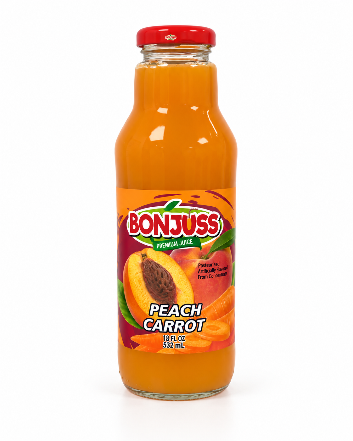 Bonjuss - Peach Carrot Juice, 18 oz, 12 ct/Case (CBONJ014) white background 9e30e1e00cf8ad35