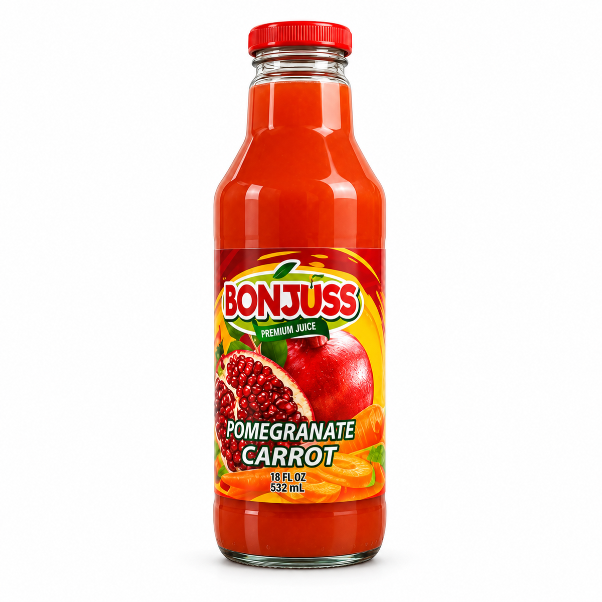Bonjuss - Pomegranate Carrot Juice, 18 oz, 12 ct/Case (CBONJ018) white background 161358558f3a6d7e