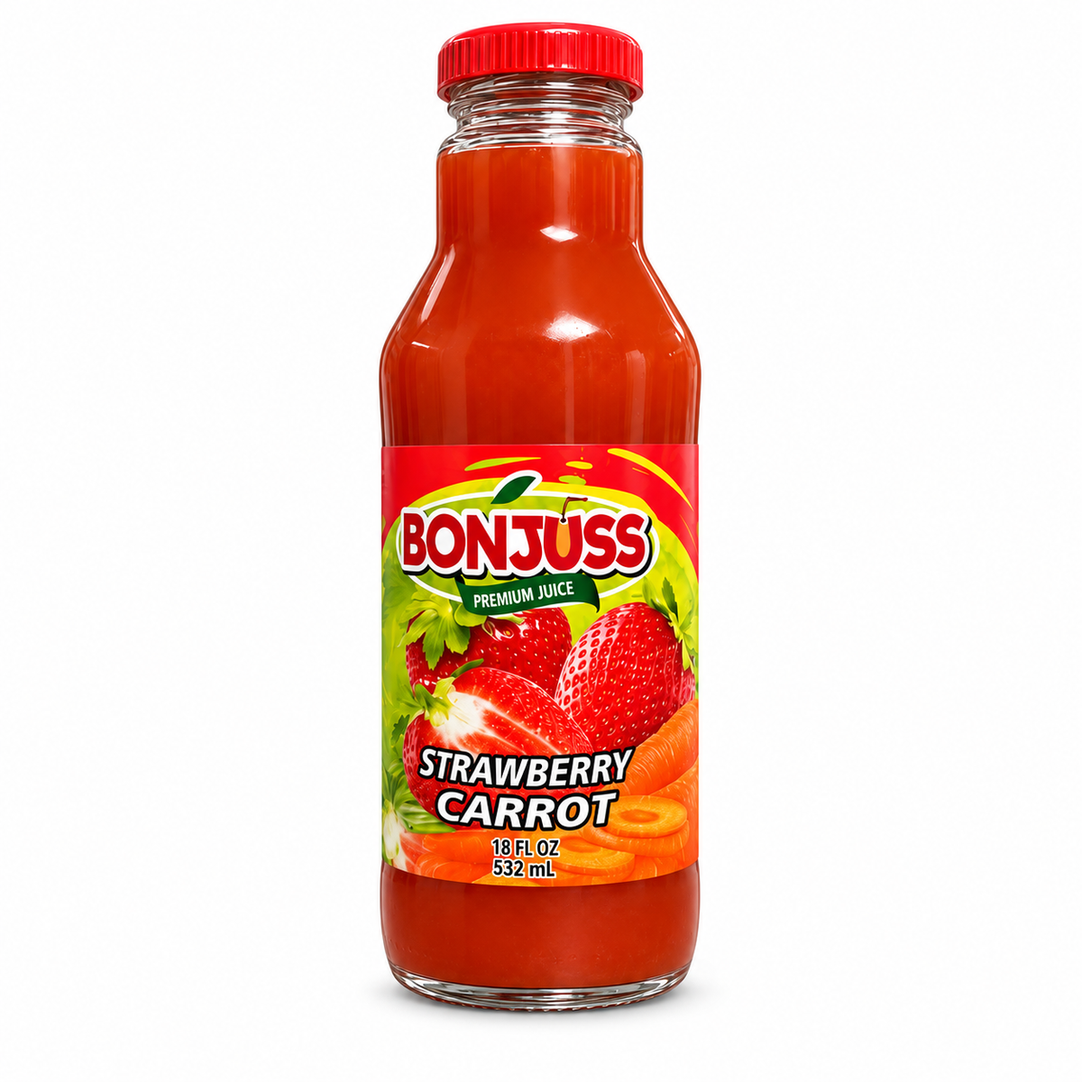 Bonjuss - Strawberry Carrot Juice, 18 oz, 12 ct/Case (CBONJ020) white background bcfa081a504d20d4